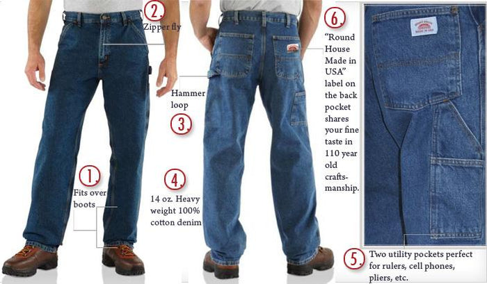 2-Pack Dark Stone Washed Work Carpenter Dungaree Jeans by ROUND HOUSE® Made in USA #1010 (Copy)