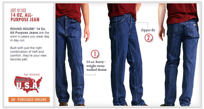 2-Pack of Men's #103 5 Pocket Heavyweight 14oz Jeans by ROUND HOUSE® Made in USA