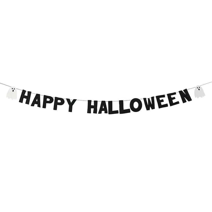Happy Halloween Banner - Black Felt Happy Halloween Bunting With White Ghosts - Halloween Party Decorations - Retro Halloween - Reusable -2m - Jolie Fete UK