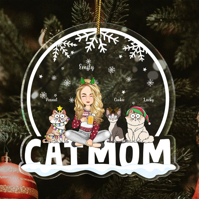 Cat Mom Cartoon Cats Snowdome - Christmas Gift For Cat Lovers - Personalized Custom Shaped Acrylic Ornament