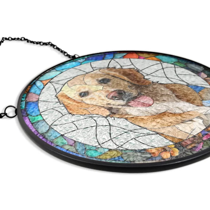 Custom Photo Dog And Cat Family Portrait - Personalized Stained Glass Window Hanging Suncatcher