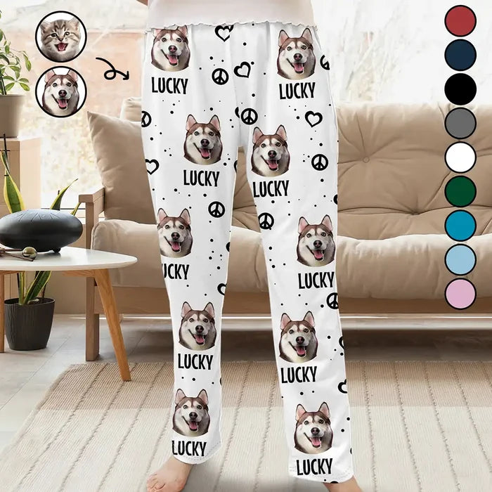 Pet Lovers, Dog Lovers, Cat Lovers - Custom Photo Peace Love Pet Face - Personalized Pajama Pants