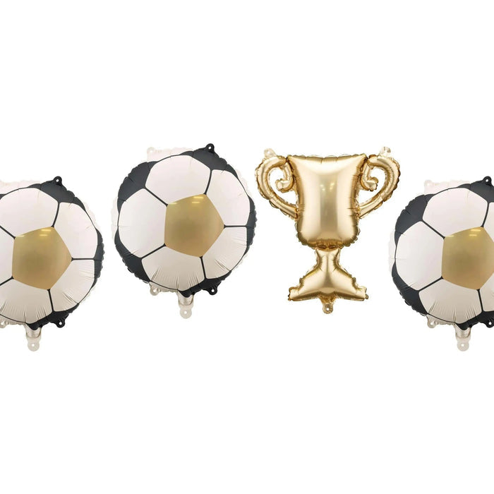 Football Trophy Balloon Garland Kit - Gold Winner's Cup & Soccer Ball Foil Balloons - Sports Award Ceremony Decor - Match Day Victory Party - Jolie Fete UK