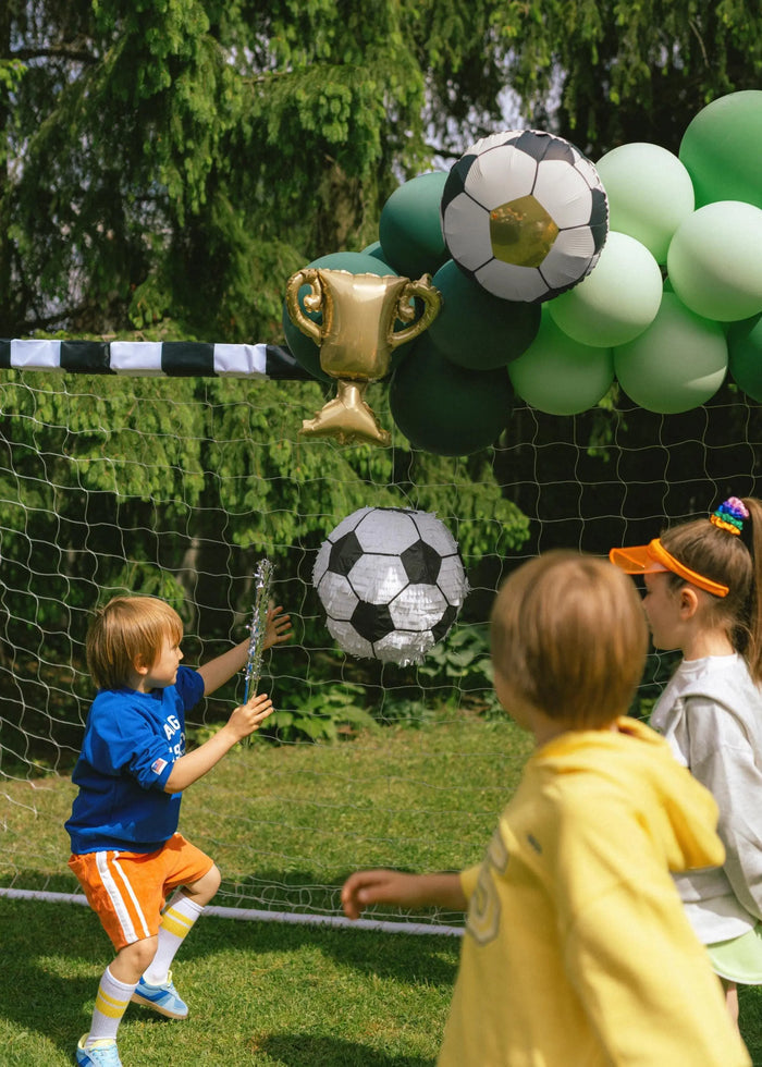 Football Trophy Balloon Garland Kit - Gold Winner's Cup & Soccer Ball Foil Balloons - Sports Award Ceremony Decor - Match Day Victory Party - Jolie Fete UK