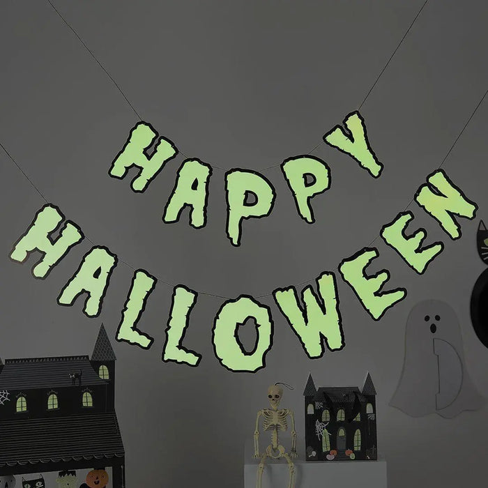 Happy Halloween Banner - Glow In The Dark Halloween Card Bunting - Halloween Party Decorations - Retro Halloween - 2m - Jolie Fete UK