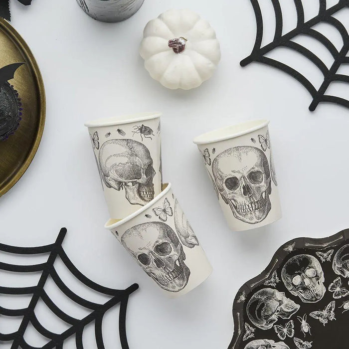 Halloween Skull Cups - Black & White Skull Paper Cups - Halloween Party Table Decorations - Creepy Chic Halloween - Pack Of 8 - Jolie Fete UK