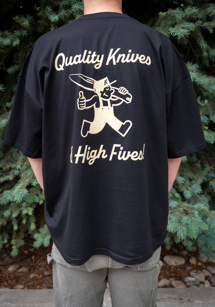 Man wearing black Knafs Quality Knives and High Fives t-shirt, back view