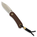 Lander 4 fixed blade knife with clip point blade and tan handle, closed on lanyard
