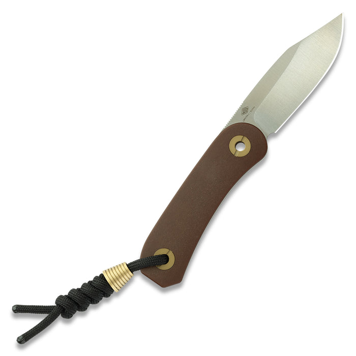 Lander 4 fixed blade knife with clip point blade and tan handle, back view
