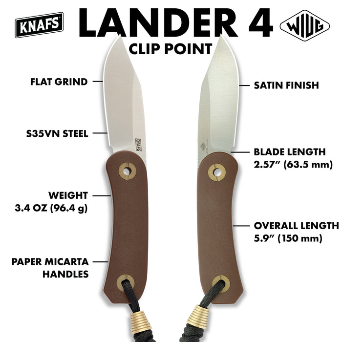 Lander 4 fixed blade knife specification callouts showing blade length, steel, and handle material side by side