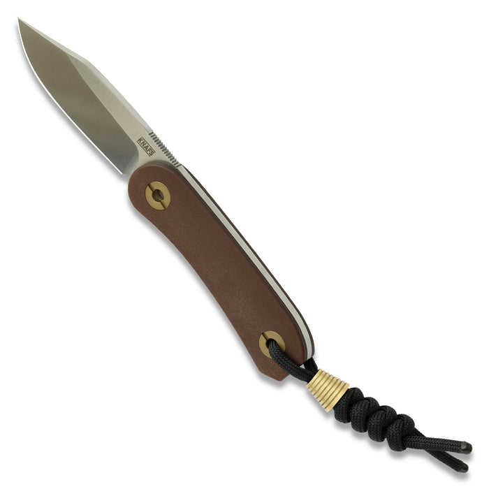 Lander 4 fixed blade knife with clip point blade and tan handle, spine view