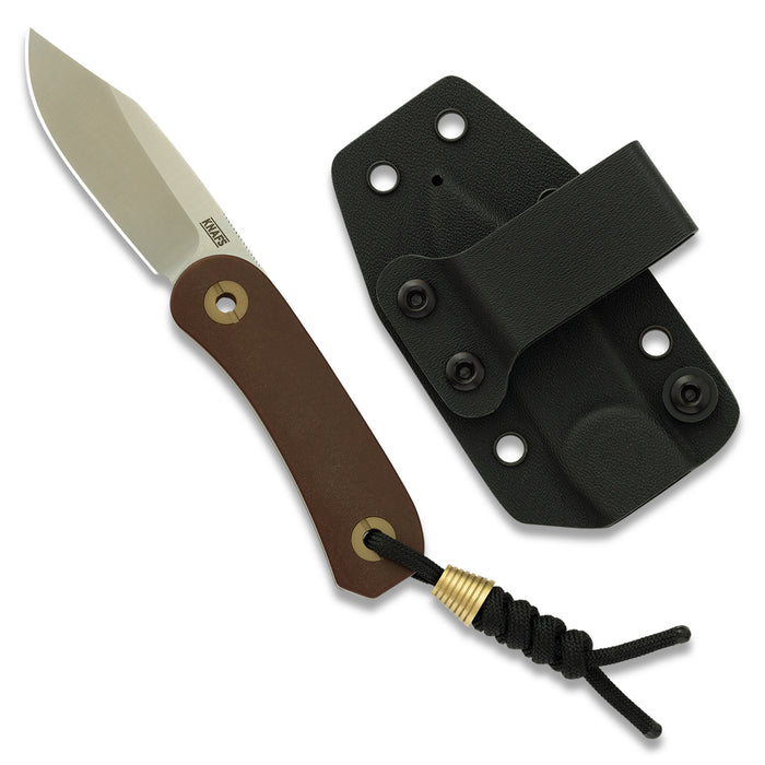 Lander 4 fixed blade knife with tan handle and black kydex sheath, front view