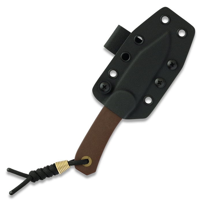 Lander 4 fixed blade knife in black kydex sheath, back view