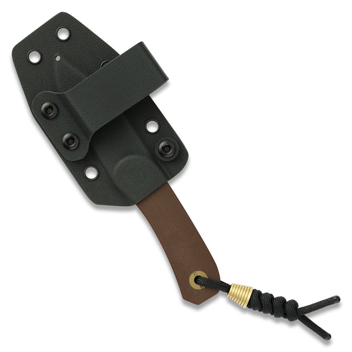 Lander 4 fixed blade knife inserted in black kydex sheath, front view