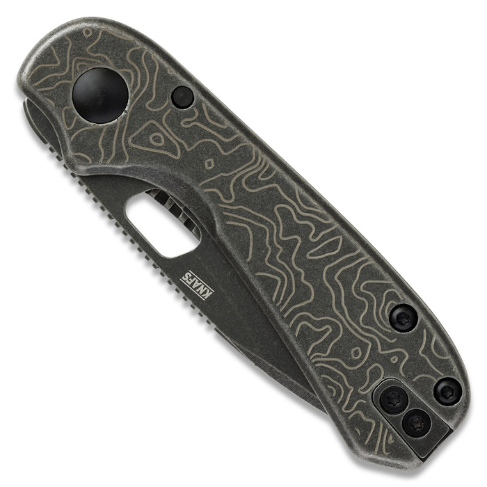 Lander 5 pocket knife, Topo black stonewashed edition, closed, showing topographic engraved handle