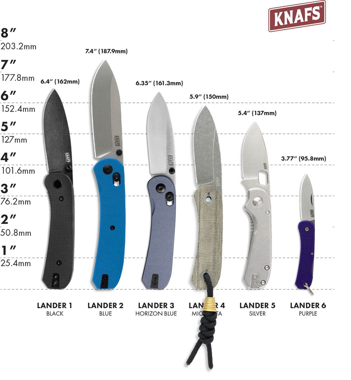 Set ofKNAFS knives with measurements and color options on a white background