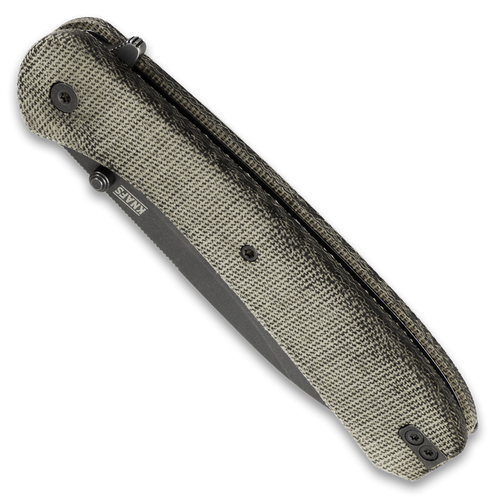 Lander 7 pocket knife with Moondust micarta handle, closed, top view