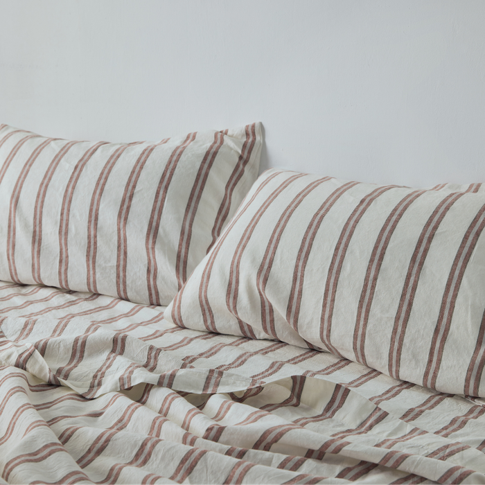 Linen & Cotton Fitted Sheet in Rust & Slate stripe