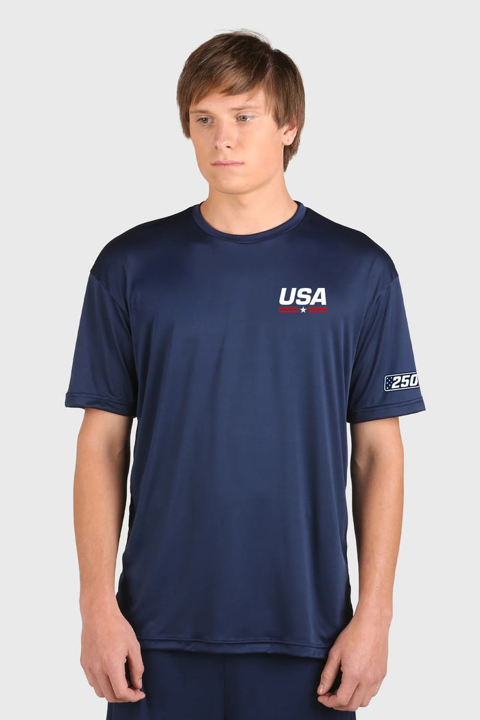 New Navy Flag Tee with 250 on Sleeve Microtech™ Tee Made in USA 702ELSSNATF