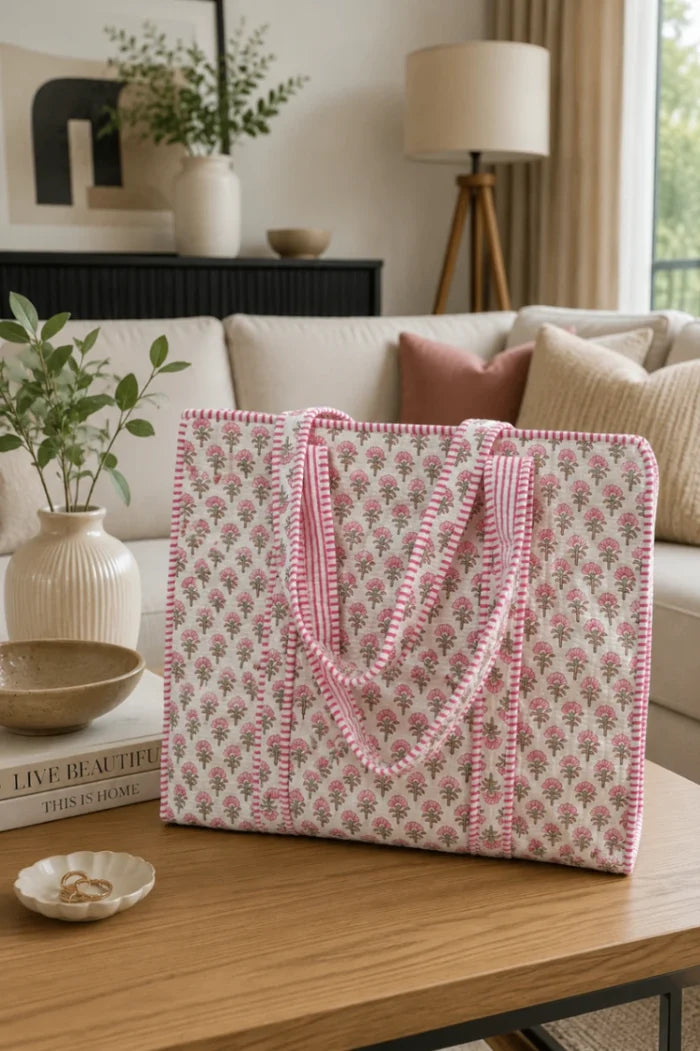 Floral patterned tote bag on a wooden table with a cozy living room background