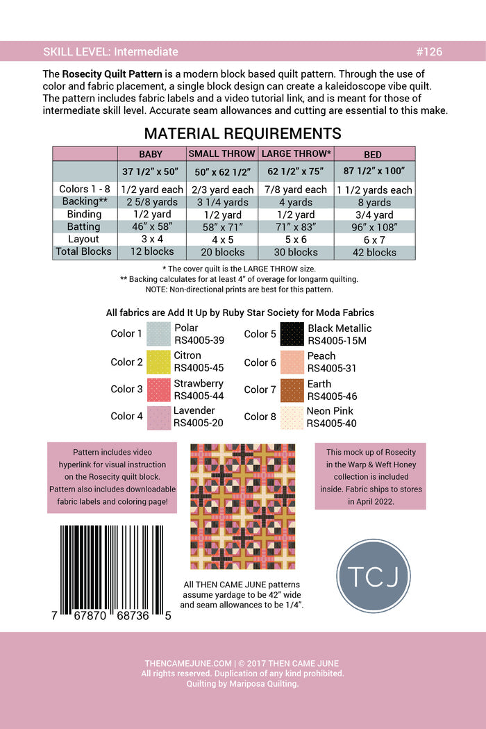 Rosecity Quilt Pattern - Printed