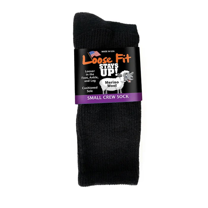 Sale: New 6-Pack Loose Fit Stays Up Solid Color Merino Wool Crew Socks Made in USA by Extra Wide