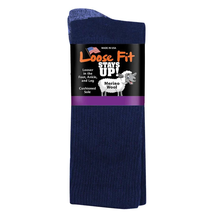 Sale: New 6-Pack Loose Fit Stays Up Solid Color Merino Wool Crew Socks Made in USA by Extra Wide